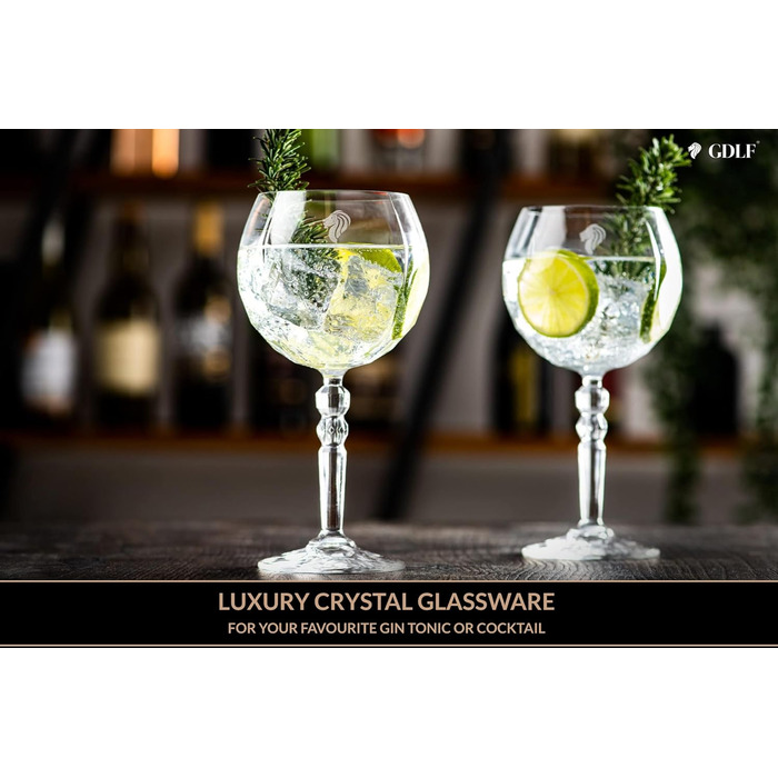 GDLF® Gin Glass Set made of high-quality crystal - Handcrafted - 2 Gin Tonic glasses & double-sided bar measure Black, Aperol spritz glasses, cocktail glasses, Made in Italy