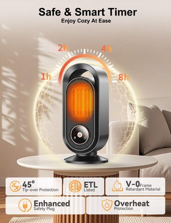 Електричний обігрівач, портативний обігрівач для кімнати, енергозберігаючий 1500W, керамічний з термостатом, таймером та 3 режимами, захист від перегріву та перекидання для офісу та спальні