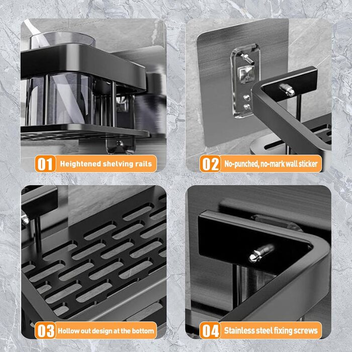 Поличка для душу без свердління, алюміній, 2 шт. Водостійка поличка для ванної кімнати, органайзер для шампуню, аксесуарів, 30,5×13×5,5 см (A Срібло)