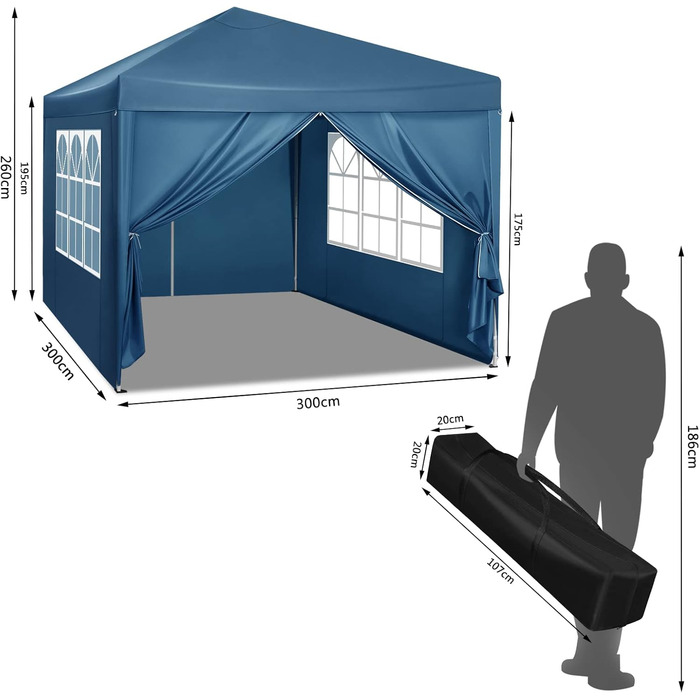 WOLTU Pop-Up Gazebo, Waterproof Folding Canopy, Sun Shade Event Tent with Side Walls, Garden Gazebo for Patio, Camping, Festival, Pagoda Tent, 3 x 3 m, Blue