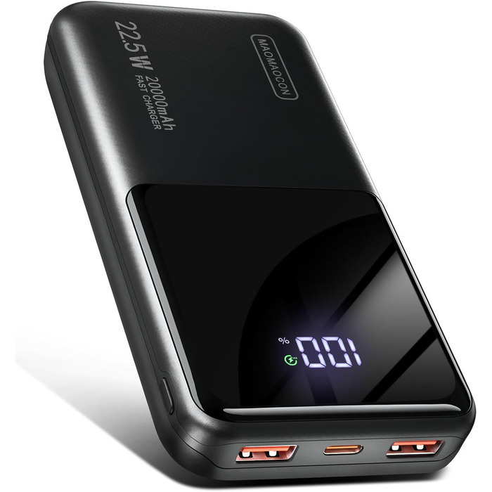 Power Bank 20000mAh 22.5W з LCD дисплеєм: Швидка зарядка, 1 USB-C, 2 USB-A, для iPhone 17/16/15/14/13 та смартфонів, чорний