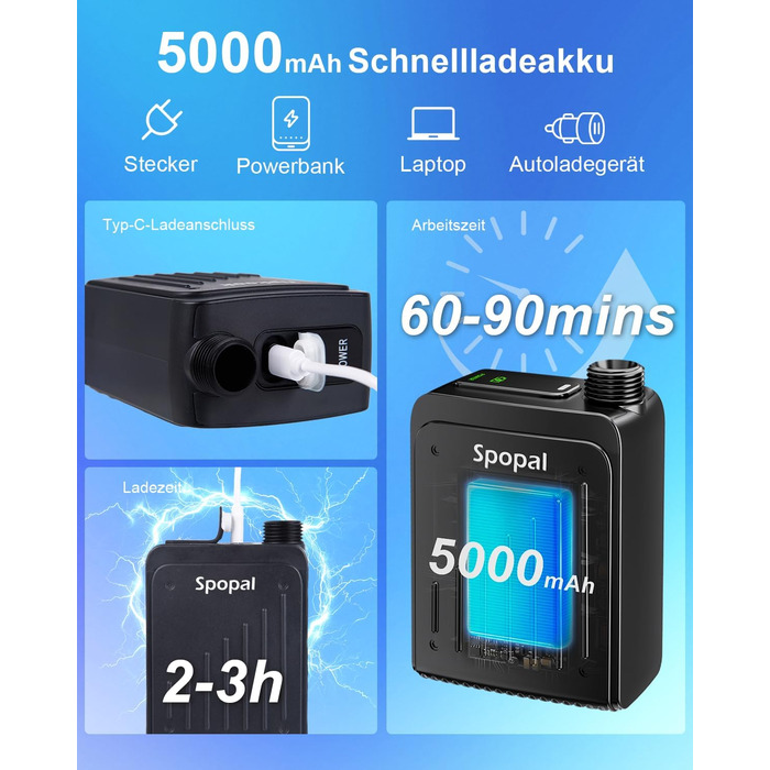 Портативний душ для кемпінгу Spopal 5000mAh, водонепроникний IPX8, з насосом, насадкою, гачком. Для туризму, пляжу, авто, миття тварин