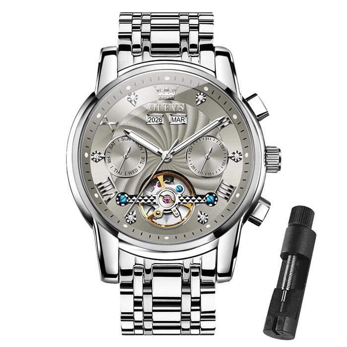 Чоловічий механічний годинник OLEVS 7088 з автопідзаводом, турбійоном та календарем, водонепроникний, сріблясто-сірий