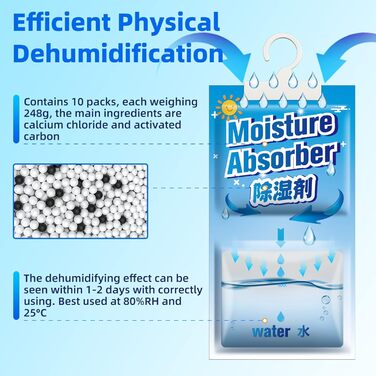 CONOPU 10 Packs x 248g (2.5KG) Hanging Air Dehumidifiers, Dehumidifier Granules, Free Yourself from Moisture for Basements, Bedrooms, Bathrooms, Eliminate Unpleasant Odors, OZ04CSD04