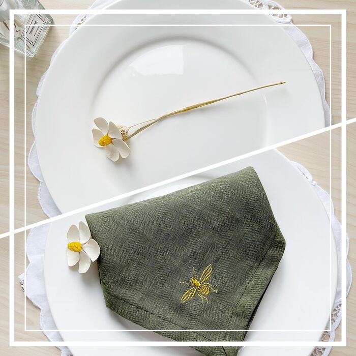 DerF HOME Cloth Napkins, 100% Pure Linen, Embroidered, 18 x 18 inches (45.7 x 45.7 cm), Moss Green, Handcrafted from Flax, Machine Washable, Soft and Durable, Set of 10