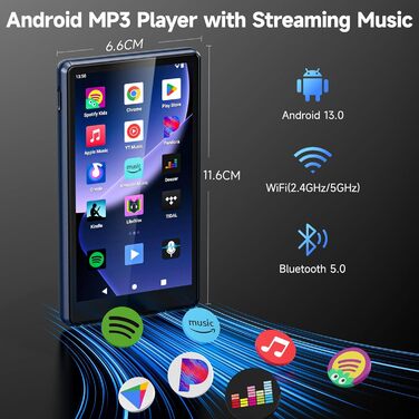 MP3 плеєр 163GB з WiFi, Bluetooth, Android 13, Spotify, FM радіо, сенсорний екран 4.5