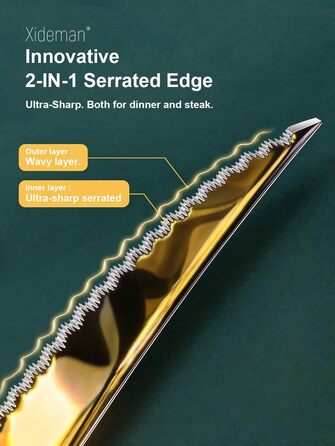 Набір столових приборів 24 предмети з нержавіючої сталі 18/10, золотий колір, на 6 осіб: ніж, виделка, ложка, з двостороннім зазубреним лезом, для посудомийної машини