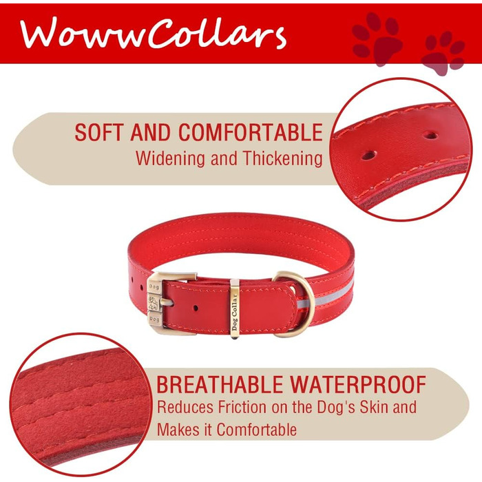 Відбиваючий повідок для собак, регульований, м'який, для малих, середніх та великих собак (довжина 46-56 см), червоний, розмір M