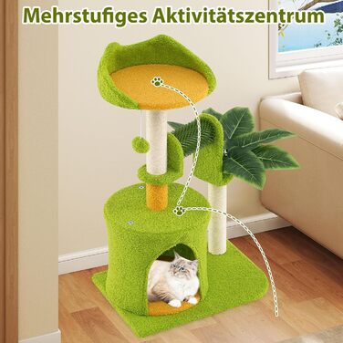 Дряпальня для котів COSTWAY 97 см з печерою та лежанками, кігтеточка з сизалевого мотузка та дерев'яною основою, зелено-бежева