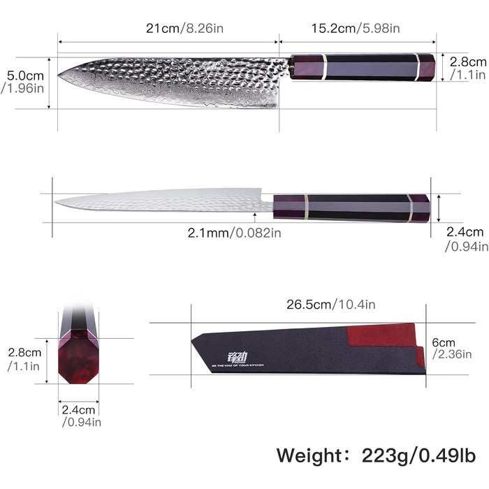 Кухонний ніж FINDKING Eternity Series 21 см, японський, дамаська сталь 9Cr18MoV, восьмигранна ручка з епоксидної смоли, професійний, з ABS-чохлом, для м'яса