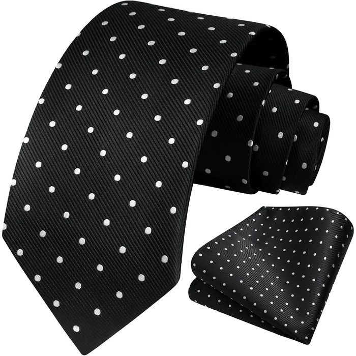 Чоловіча краватка HISDERN з кишеньковим хустинкою в горошок. Класичний стиль для весілля, ділових зустрічей. Чорно-білий комплект, універсальний розмір.