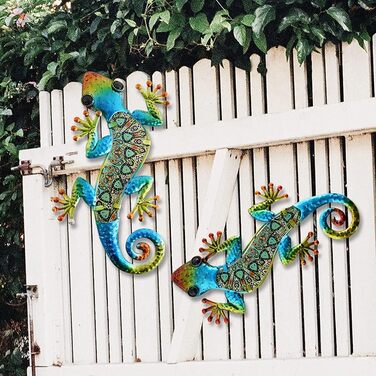 HONGLAND Metal Gecko Wall Decoration, Lizard, Garden Art, Colorful Glass Sculpture for Hanging, for Indoor and Outdoor Use, Patio, Fence (Symphony), 2 Pieces