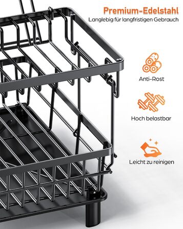 LIONONLY Dish Drainer Rack, Small 2-Tier Dish Rack with Drip Bowl, Stainless Steel Dish Drainer with Utensil Holder, Drink Holder and Swivel Spout, Dish Drying Rack Kitchen