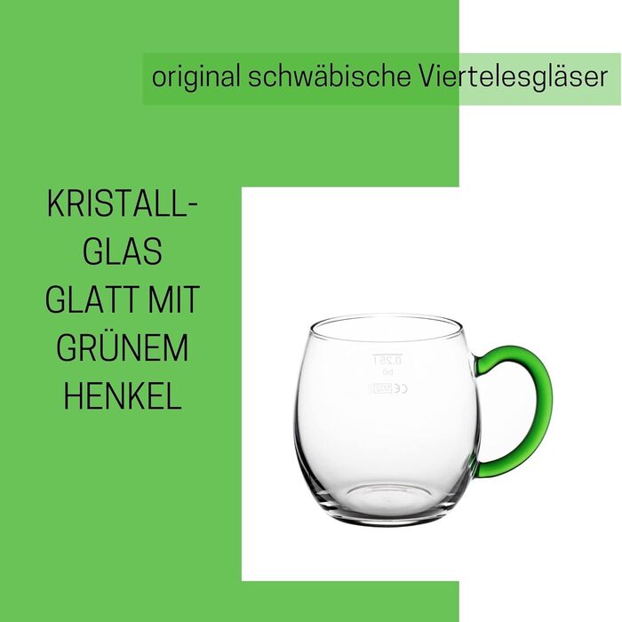 Novaliv 6X Wine Goblet with Green Handle, 250 ml Wine Glass Calibrated, White Wine Glass, Mulled Wine Glasses, Mulled Wine Cup, Punch Glasses, Teacups with Handle, Shandy Glass