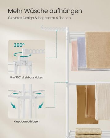 SONGMICS Сушарка для білизни на коліщатках, 4 яруси, розкладна, 63,5 x 128 x 173 см, білий, LLR701W03