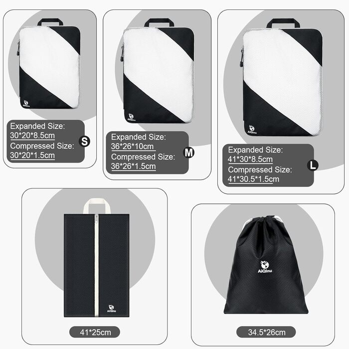 Органайзери для валіз AiQInu, 5 шт. - Набір для пакування з компресійними мішками, мішок для білизни та для взуття. Легкі, розширювані, для ручної поклажі (Чорний)