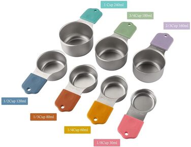 16-Piece Stainless Steel Measuring Cup and Spoon Set, 7 Sturdy Cups, 8 Double-Sided Spoons with Leveler, Multicolored