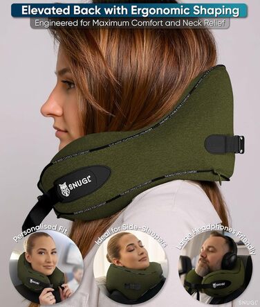 Подушка для шиї SNUGL з Memory Foam, регульована та миюча | Зручна подушка для подорожей на літаку, в авто та в дорогу | Подушка-шия, Neck Travel Pillow (доросла, маленька, оливковий)