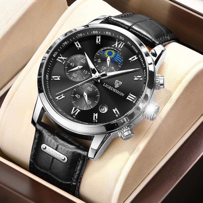 Годинник чоловічий LIGE, Хронограф, Аналоговий кварц, Ремінець зі шкіри, Календар, Світлодіодне підсвічування, Водостійкий 3ATM, Чоловічий годинник для бізнесу та відпочинку, Чорний