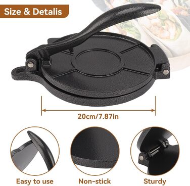 Пресс для тортилій Cyrank, ручний ротатор для роти, прес для тако та кесадільї, 20 см, чорний