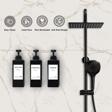 Настінний диспенсер для мила Anhow 3er PETG, 500 мл, чорний, без свердління, з 16 вологостійкими етикетками для кухні/ванної кімнати