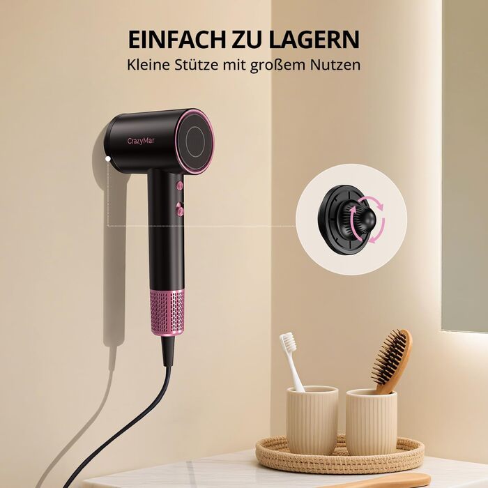 Іонізатор для волосся CrazyMar – фен з потужним мотором 180 000 об/хв, швидка сушка, компактний, для подорожей, створення локонів, 4 температурні режими, захист від перегріву, тиха робота, чорний
