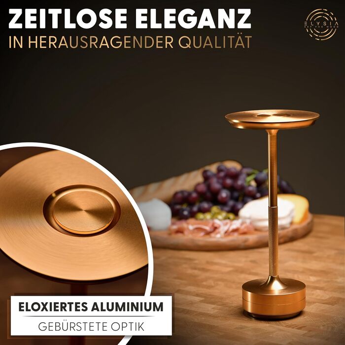 Настільна світлодіодна лампа ELYSIA з акумулятором, диммер, бездротова, сенсорна, IP54 (внутрішнє/зовнішнє), тепле світло (2200K-2700K-3200K), USB-C, алюміній, золота