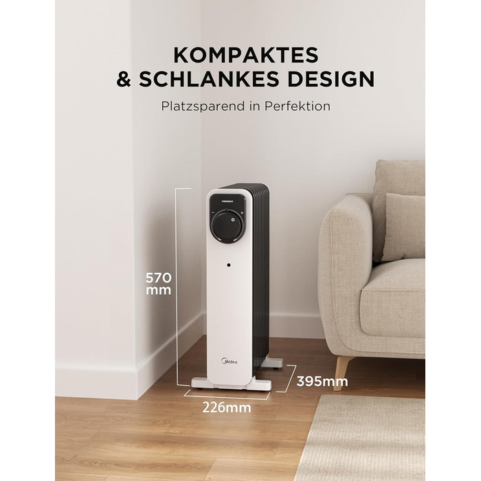 Електричний масляний радіатор Midea 2000W з 11 ребрами, 3 режими нагріву, термостат, захист від перекидання та перегріву, тихий, для дому та офісу