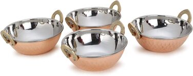 Zap Impex Traditional Indian Serving Bowl Copper Stainless Steel Hammered Karahi Indian Dishes and Portion Curry Serving Dishware for Household and Kitchen (15 cm) 400 ml 4-Piece Set