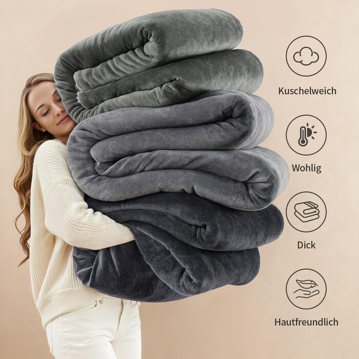 Плед KANKAEU 160x200 см, теплий та м'який, двосторонній фланель та шерпа, для дивану, ліжка, подарунок сірого кольору