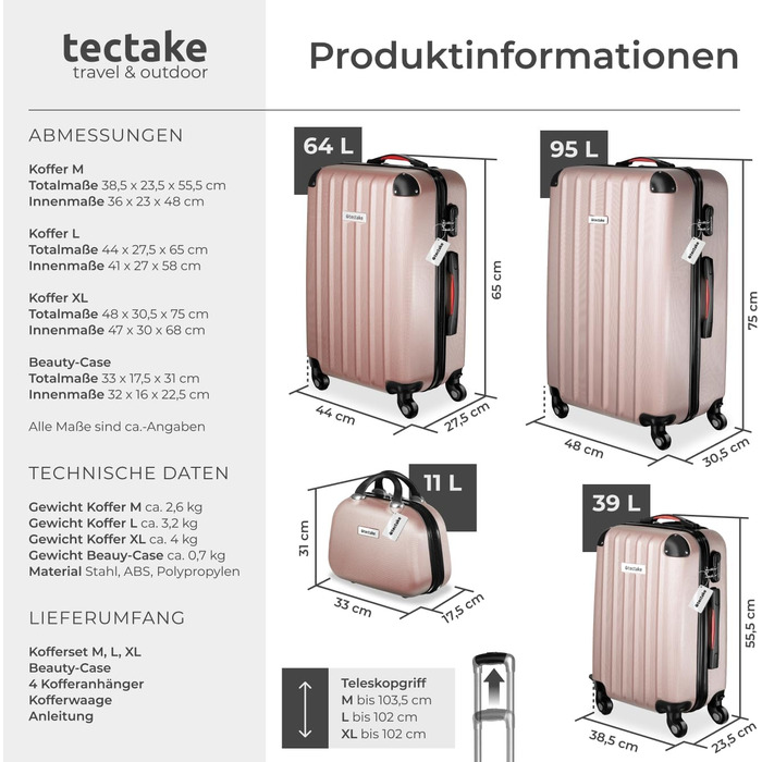 Набір валіз Tectake® (4 шт.) з ваговою та ідентифікатором, 360° колеса, жорсткий корпус із замком, велика валіза, вкладна, ручна, рожеве золото