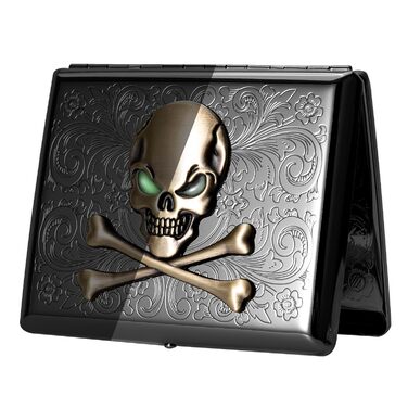 Металеве тютюнотримач вінтажний для жінок та чоловіків, вміщує 18-20 сигарет (100 мм), чорний з черепом