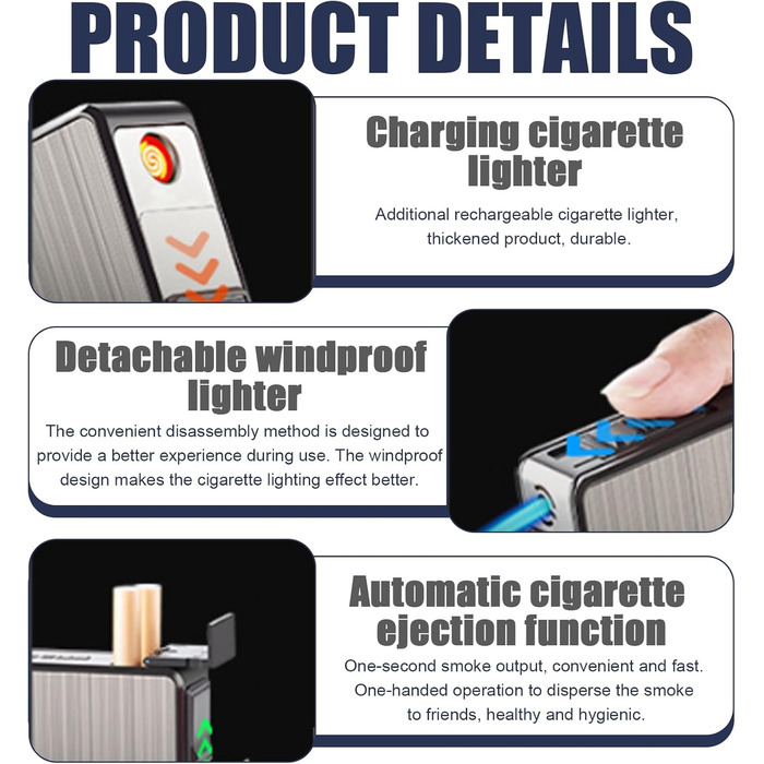 Електронне Zigarettenetui 2-в-1 з феєрверком, USB зарядка, на 20 сигарет, елегантний дизайн, вологостійке, без газу