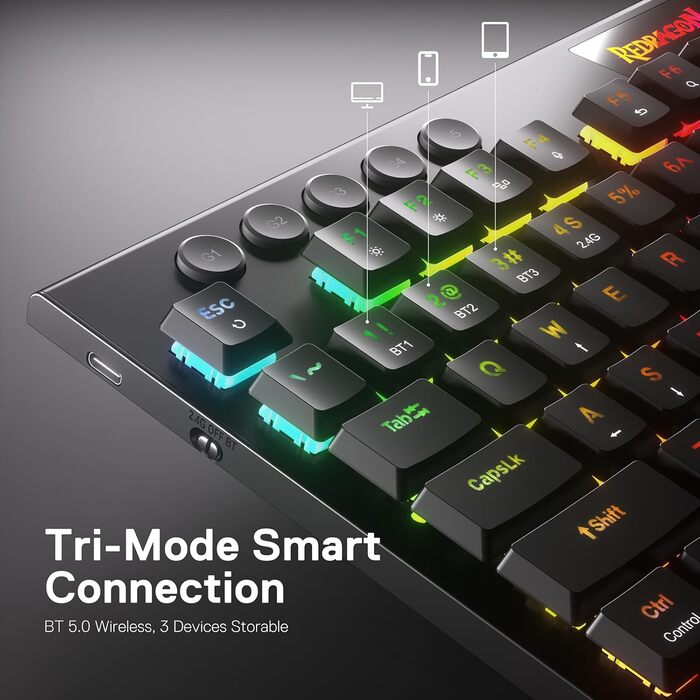 Redragon K618 Horus - Механічна ігрова клавіатура з RGB підсвічуванням, 3 режими підключення (BT/2.4GHz/кабель), плоскі клавіші, лінійні червоні перемикачі, медіа-керування