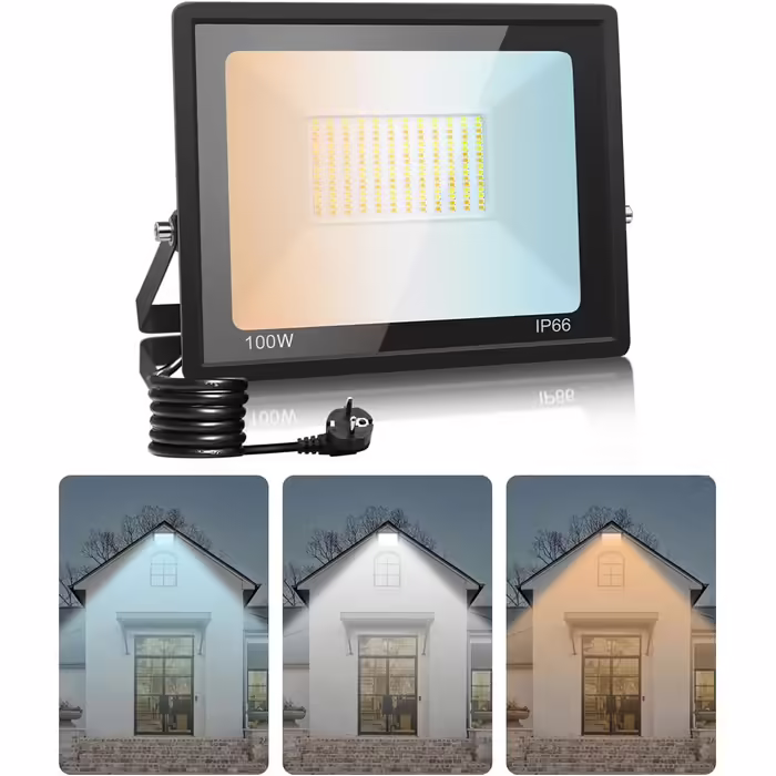 LED Flood Light Outdoor with Plug 100W, 3000K/4500K/6500K Dimmable LED Spotlight, 10000LM Super Bright LED Floodlight, IP66 Waterproof LED Spotlight Outdoor Floodlight for Yard Garden Sports Field