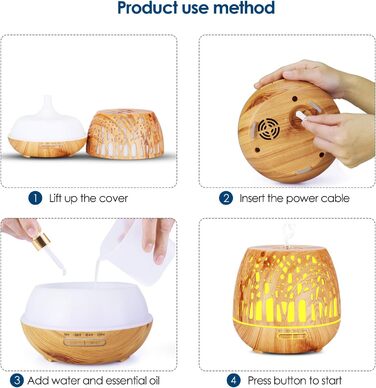 Дифузор Aroma Simpeak 400 мл, ультразвуковий аромадифузор з дерева для ефірних олій, зволожувач повітря з пультом дистанційного керування - дерев'яна різьба, світло-коричневий, легке дерево