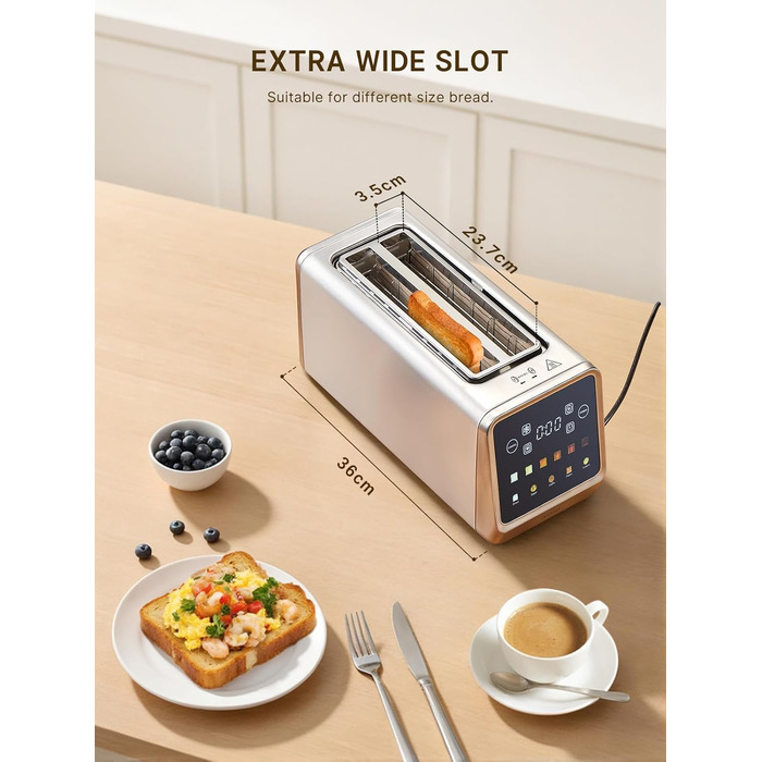 Тостер Yabano на 4 підсмажувальні позиції з сенсорним екраном та функцією пам'яті, технологією Single-Slice, таймером, функціями розморожування та підігріву, з нержавіючої сталі, 6 рівнів підсмажування, 5 програм для хліба