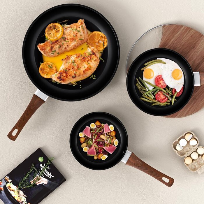 Сковорода Innerwell з антипригарним покриттям 24 см, для індукційних плит, керамічне покриття, професійна якість, для омлетів, гранітна сковорода, можна використовувати в духовці, без PFOA, придатна для миття в посудомийній машині, чорного кольору