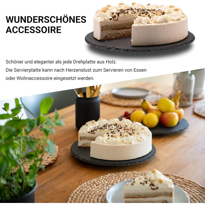 Rotating slate plate round, serving platter, cake plate, sausage plate, cheese plate. The slate cake plate with foot, serving platter, rotating turntable, tiered serving stand, decorative tray, table decoration.
