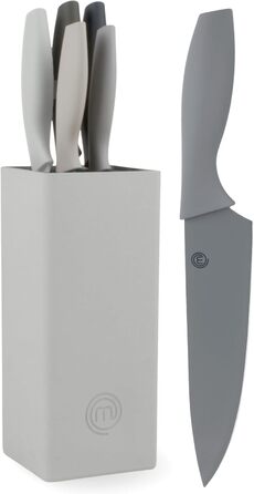 MasterChef 5-Piece Knife Block Set - Stainless Steel Kitchen Knife Set with Chef's Knife, Santoku, Bread Knife, Utility Knife & Vegetable Knife - Sharp, Black Soft-Touch Handles