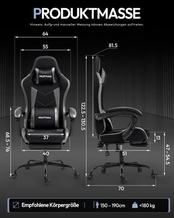 Геймерське крісло Nexthra Ergonomisch з підставкою для ніг, до 180 кг, чорне. Регульована спинка 150°, для геймінгу та офісу