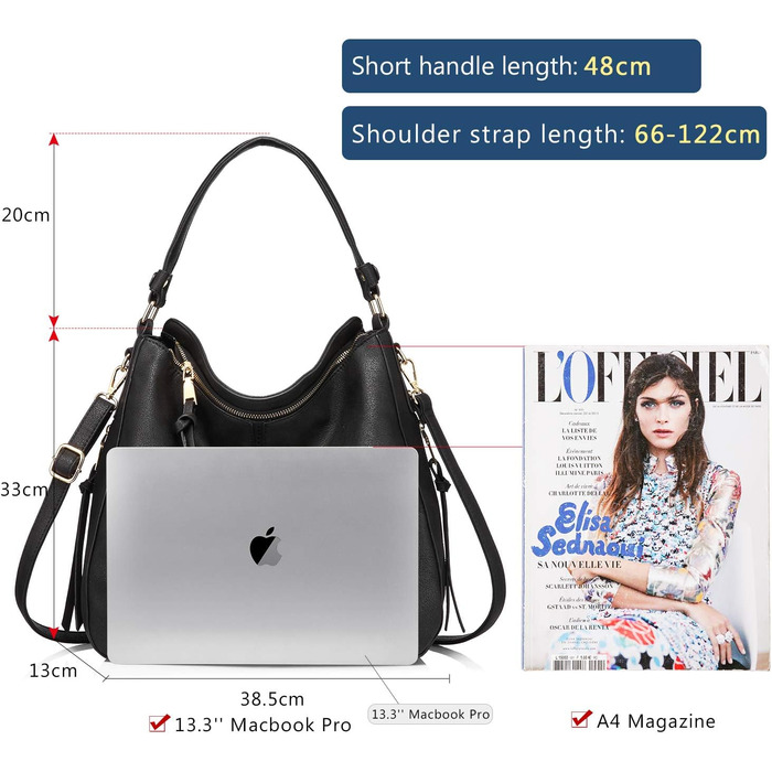 Жіноча сумка-шопер Reaer середнього розміру, чорна PU шкіра, сумка через плече, вінтажна Hobo Bag для роботи, офісу та покупок (L, Чорний)