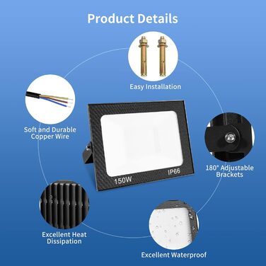 Viugreum 100W LED Flood Light Outdoor 8000LM Floodlight Outdoor IP65 Outdoor Spotlight 5000K Floodlight Cold White Spotlight Floodlight with 50cm Cable for Backyard Driveway Garage Hallway (2 Pack, 150W 2 Packs)