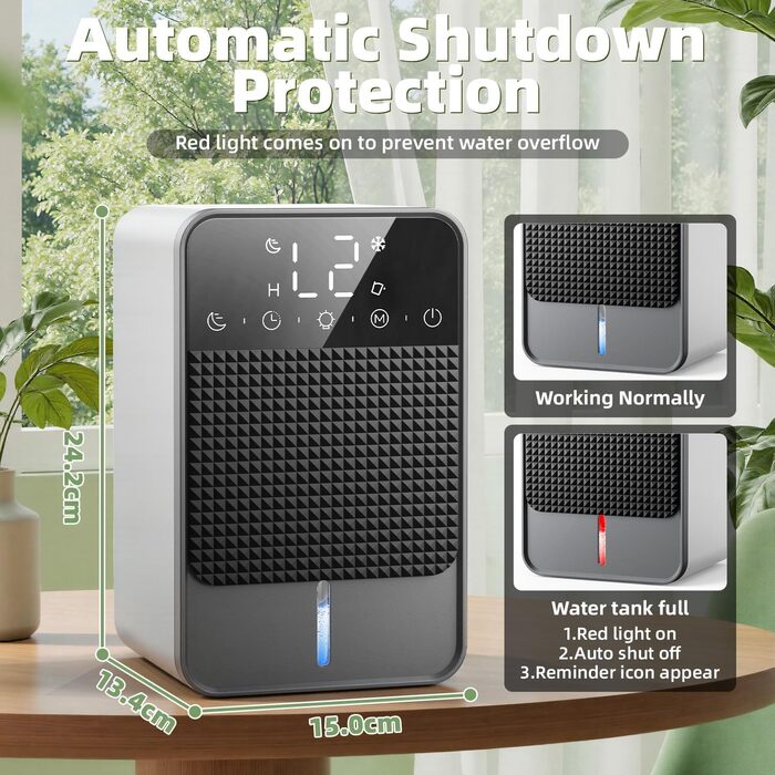 Зволожувач повітря 1800 мл з функцією відтавання (<5 °C), таймером 2-12 годин, режимом сну та 7-кольоровою LED-індикацією. Підходить для спалень, ванних кімнат та шаф (700 мл/24 год)