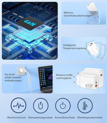 Мережевий зарядний пристрій USB-C 45W з 2 портами, PD 3.0, швидка зарядка для Samsung Galaxy S24/S23/S22, iPhone 16/15/14 Pro Max, iPad, Pixel, мобільні телефони