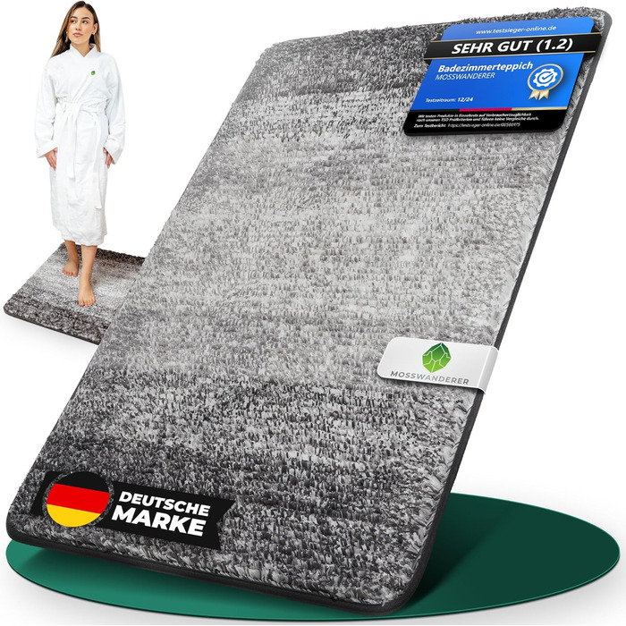 MOSSWANDERER Non-Slip Bathroom Rug - 60x90cm | Washable Luxury Bath Mat | Modern Black & Gray Design | Absorbent Floor Mat for Bathroom, Shower & More