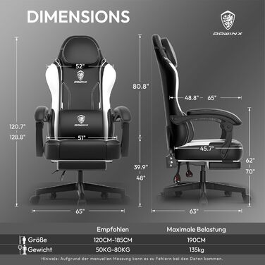 Ігровий крісло Dowinx з PU-шкіри, ергономічний, з підтримкою попереку, для ПК, білий, до 150 кг