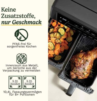 Фритюрниця Cuisinart XXL 10.4L з двома зонами нагріву | Без PFAS та хімікатів | Для смаження, грилю, випікання, дегідратації та підтримання тепла | 2 камери (2 x 5.2L) | 8+ порцій | Деталі придатні для миття в посудомийній машині (2 камери / 10.4L, нержав