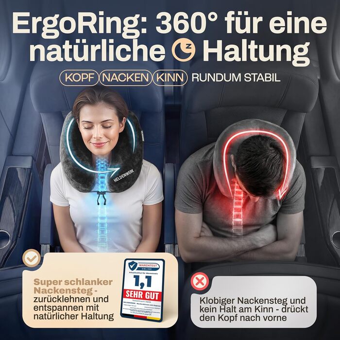 Подушка для шиї HELDENWERK® Air: 5 положень, швидке надування, регулювання тиску | Знімна капюшон | Для подорожей (автомобіль, літак) | Чорний, великий розмір