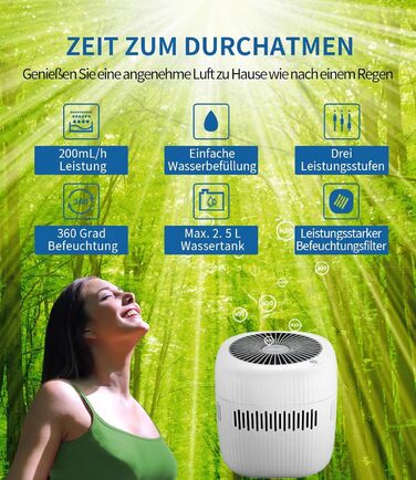 Зволожувач повітря Kaltverdunstungs Raumbefeuchter: без туману, для алергіків та вагітних, 2.5L